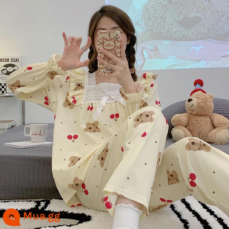 Bộ đồ ngủ Modal nữ mùa xuân và mùa thu giả cotton tay dài phong cách công chúa ngọt ngào hoạt hình dễ thương mặc nhà bộ đồ hai mảnh - 1397-6 Gấu anh đào