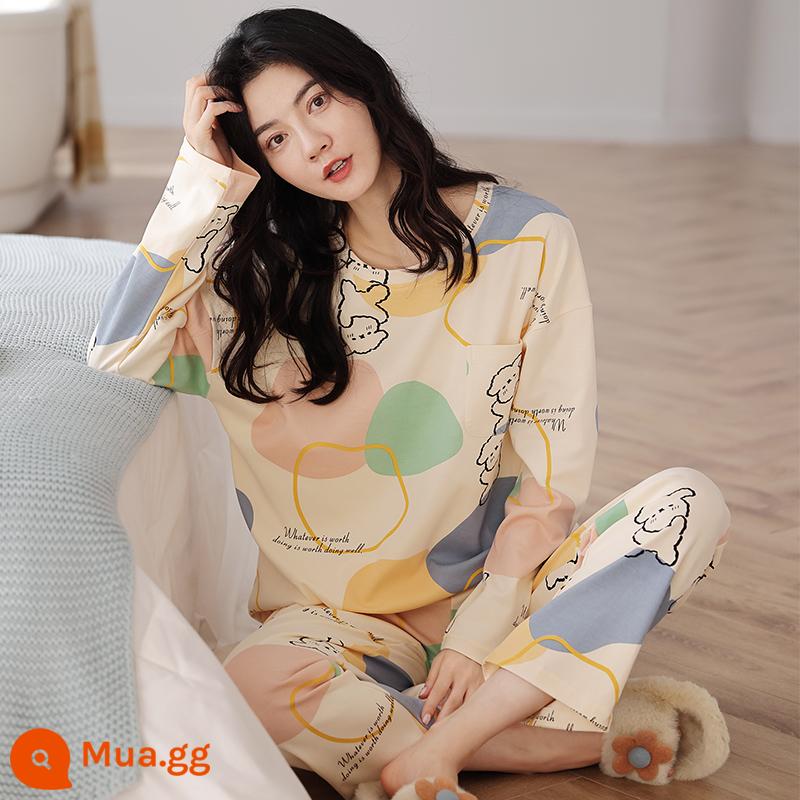 Bộ đồ ngủ cotton nguyên chất phụ nữ có thể mặc bên ngoài mùa xuân và mùa thu bộ đồ hai mảnh dài tay cỡ lớn hoạt hình dễ thương lưới màu đỏ quần áo thường ngày ở nhà - 5352#