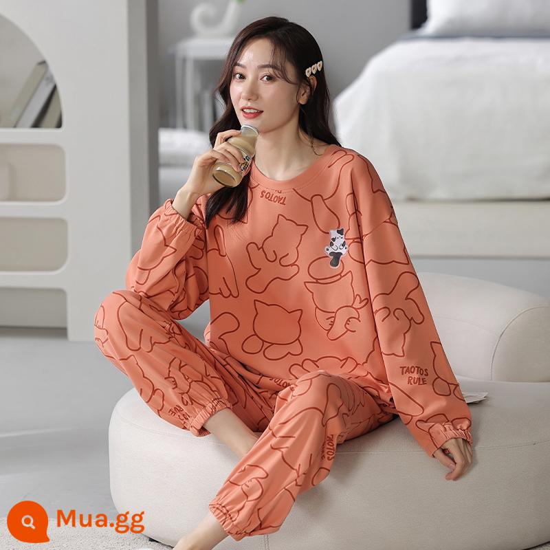 Bộ đồ ngủ bằng cotton nguyên chất cho nữ mùa xuân thu đông dài tay phong cách Hàn Quốc cho chị béo size lớn có thể mặc ngoài nhà cho học sinh Bộ đồ thể thao thông thường - 1955