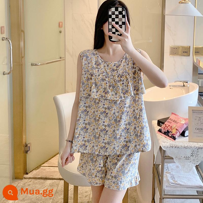 Bộ đồ ngủ chống lồi mùa hè của phụ nữ cotton lụa siêu mỏng mùa hè áo vest quần short không tay phù hợp với cotton lụa mát phục vụ tại nhà - Áo vest MZS2637-FTD màu trắng hoa