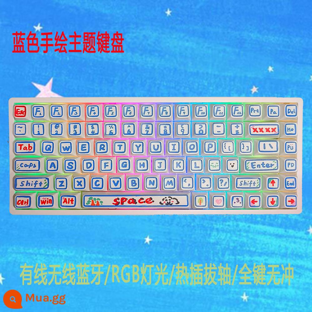 Tùy Chỉnh 3 Chế Độ 84 Phím Không Dây Có Dây Bluetooth RGB Tắt Tiếng Bàn Phím Cơ Có Thể Thay Nóng Bộ Chung Chủ Đề - Bàn phím vẽ tay ba chế độ C84 màu xanh với nền trắng