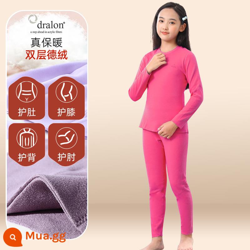 Quần áo bé trai mùa thu vệ sinh quần Bộ cotton nguyên chất de nhung sưởi ấm quần áo trẻ em bé gái Bộ quần áo thu đông cotton Plus bộ đồ ngủ nhung - [Nhung sưởi nhập khẩu + áo giáp đôi + dày hai lớp] Giữ nhiệt và giữ ấm - đỏ hồng (nữ)