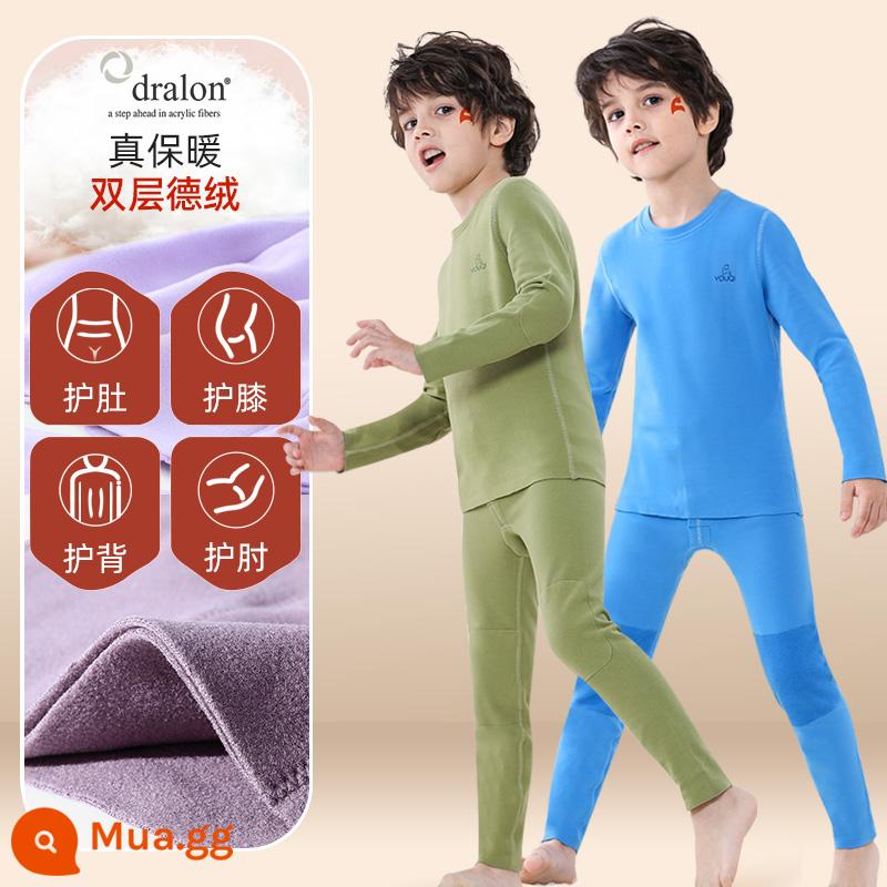 Quần áo bé trai mùa thu vệ sinh quần Bộ cotton nguyên chất de nhung sưởi ấm quần áo trẻ em bé gái Bộ quần áo thu đông cotton Plus bộ đồ ngủ nhung - 2 bộ [nhung sưởi nhập khẩu + áo giáp đôi + dày hai lớp + giảm giá ngay 10] giữ nhiệt và giữ ấm + xanh lá cây (nam)