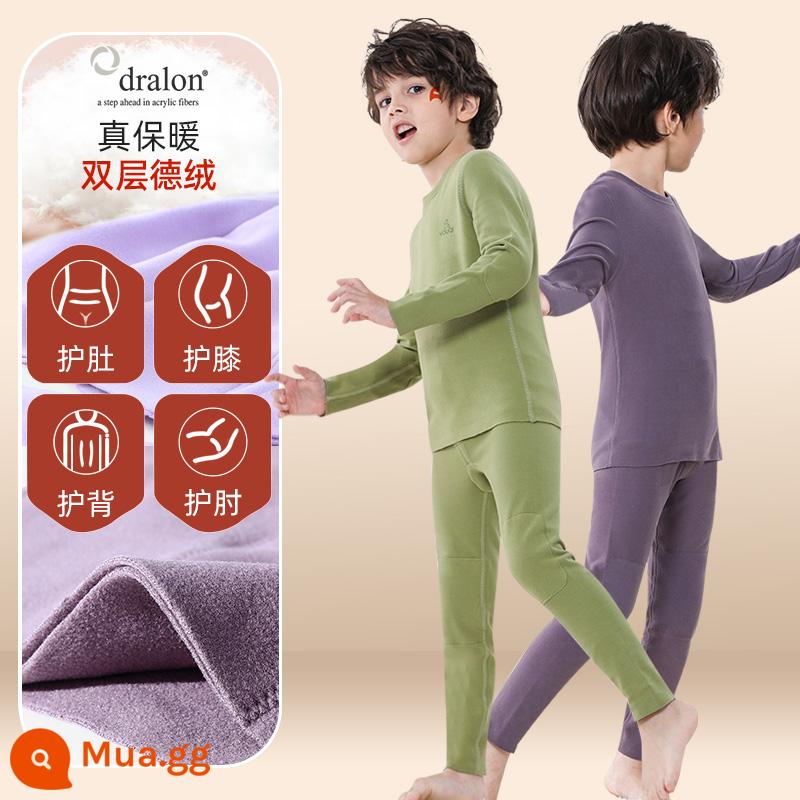 Quần áo bé trai mùa thu vệ sinh quần Bộ cotton nguyên chất de nhung sưởi ấm quần áo trẻ em bé gái Bộ quần áo thu đông cotton Plus bộ đồ ngủ nhung - 2 bộ [nhung sưởi nhập khẩu + áo giáp đôi + dày gấp đôi + giảm giá ngay 10] giữ nhiệt và giữ ấm - xanh + đen (nam)