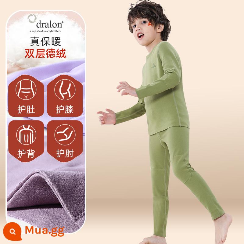 Quần áo bé trai mùa thu vệ sinh quần Bộ cotton nguyên chất de nhung sưởi ấm quần áo trẻ em bé gái Bộ quần áo thu đông cotton Plus bộ đồ ngủ nhung - [Nhung sưởi nhập khẩu + giáp đôi + dày hai lớp] Giữ nhiệt và giữ ấm--Xanh cỏ (nam)