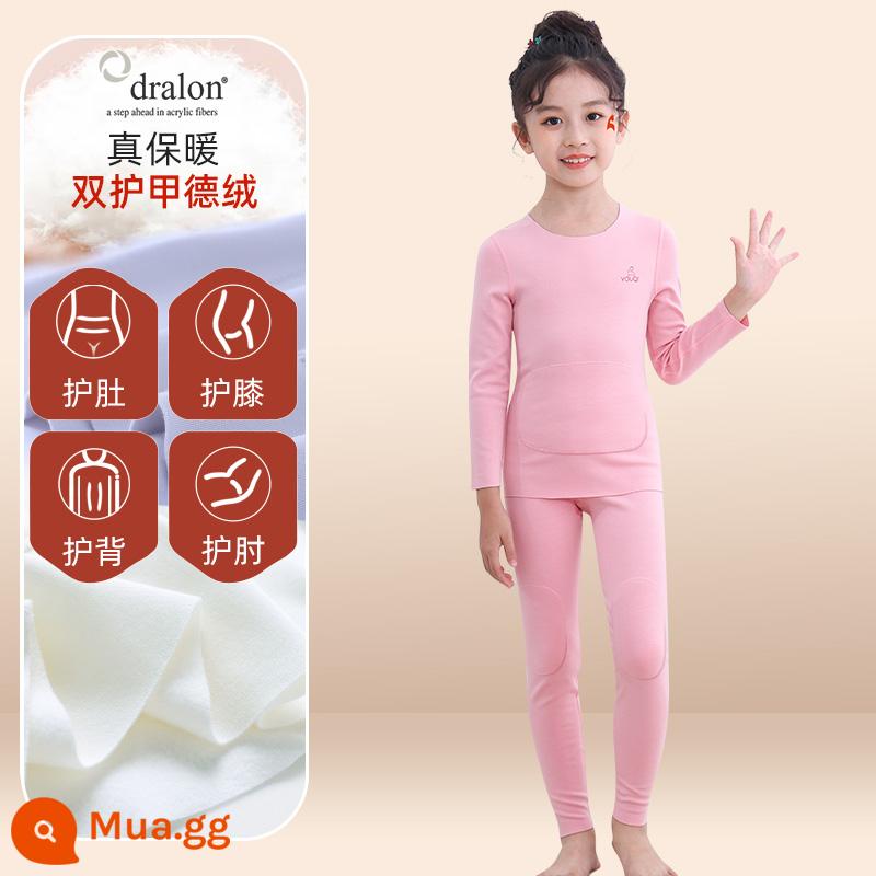 Quần áo bé trai mùa thu vệ sinh quần Bộ cotton nguyên chất de nhung sưởi ấm quần áo trẻ em bé gái Bộ quần áo thu đông cotton Plus bộ đồ ngủ nhung - [Nhung Đức nhập khẩu + Giáp đôi] Bình giữ nhiệt và Màu đỏ nhạt ấm áp (Nữ)