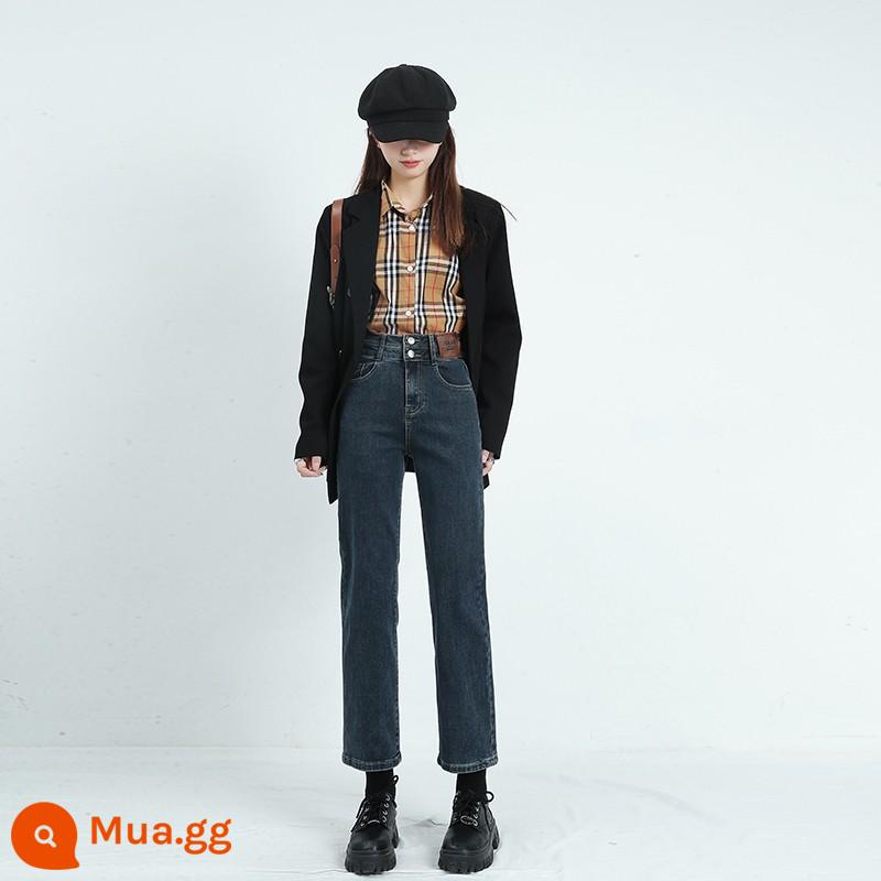 Plus nhung quần ống thẳng mùa đông nữ quần jean cạp cao mỏng và nhỏ slim fit retro phiên bản hẹp quần chín điểm - Tám điểm xanh xám [chất lượng cao]