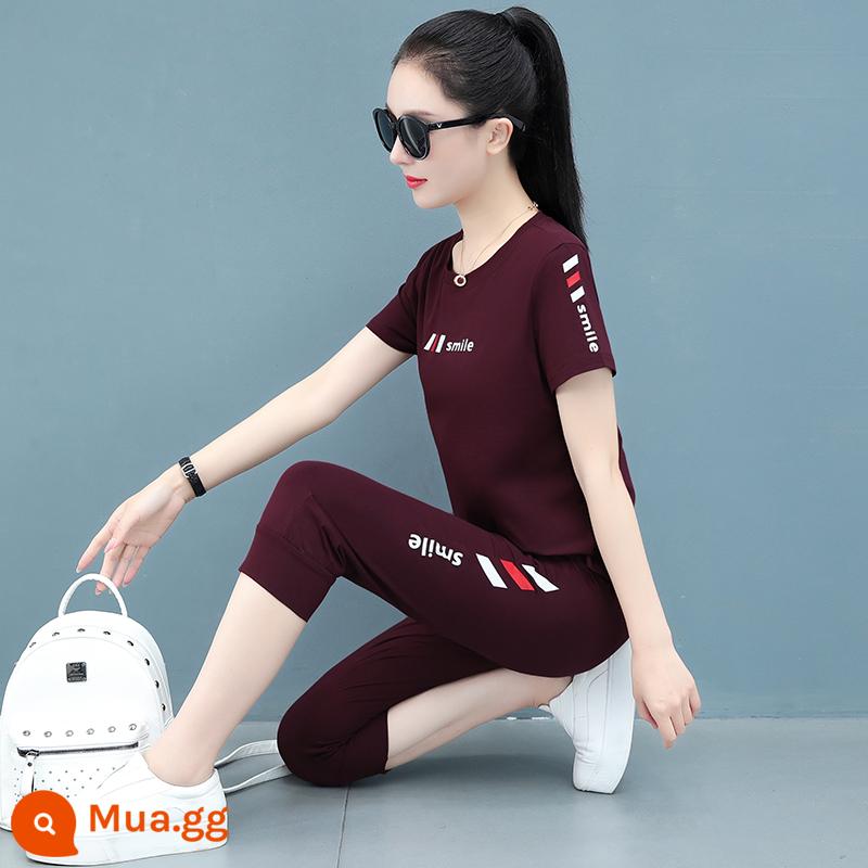 Bộ đồ thể thao cotton chim gõ kiến nữ mùa hè mới 2022 ngắn tay mẹ trung niên giản dị 2023 Ms. - GHS1091 tay ngắn màu đỏ tía + quần crop