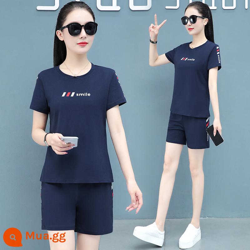 Bộ đồ thể thao cotton chim gõ kiến nữ mùa hè mới 2022 ngắn tay mẹ trung niên giản dị 2023 Ms. - GHS1092 tay ngắn + quần short màu xanh đậm