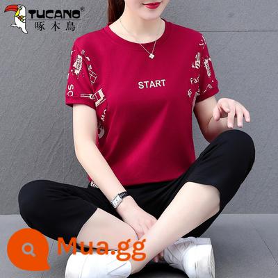 Bộ đồ thể thao cotton chim gõ kiến nữ mùa hè mới 2022 ngắn tay mẹ trung niên giản dị 2023 Ms. - Quần cắt màu đỏ tía