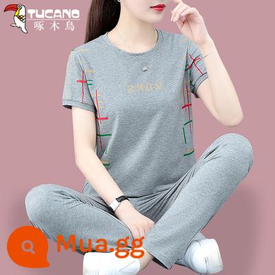 Bộ đồ thể thao cotton chim gõ kiến nữ mùa hè mới 2022 ngắn tay mẹ trung niên giản dị 2023 Ms. - Quần chín điểm màu xám