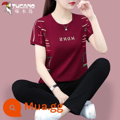 Bộ đồ thể thao cotton chim gõ kiến nữ mùa hè mới 2022 ngắn tay mẹ trung niên giản dị 2023 Ms. - Quần màu đỏ tía A thứ chín