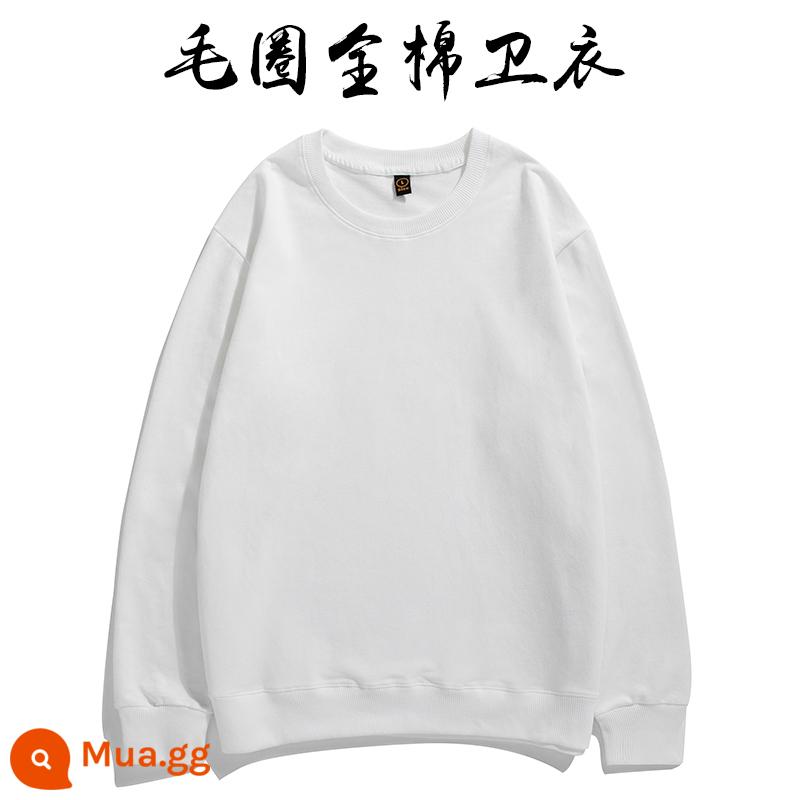 Áo thun cotton nguyên chất in logo theo yêu cầu, quần áo đi làm mùa thu đông nhung, đồng phục lớp dài tay cổ tròn, in theo yêu cầu - Trắng