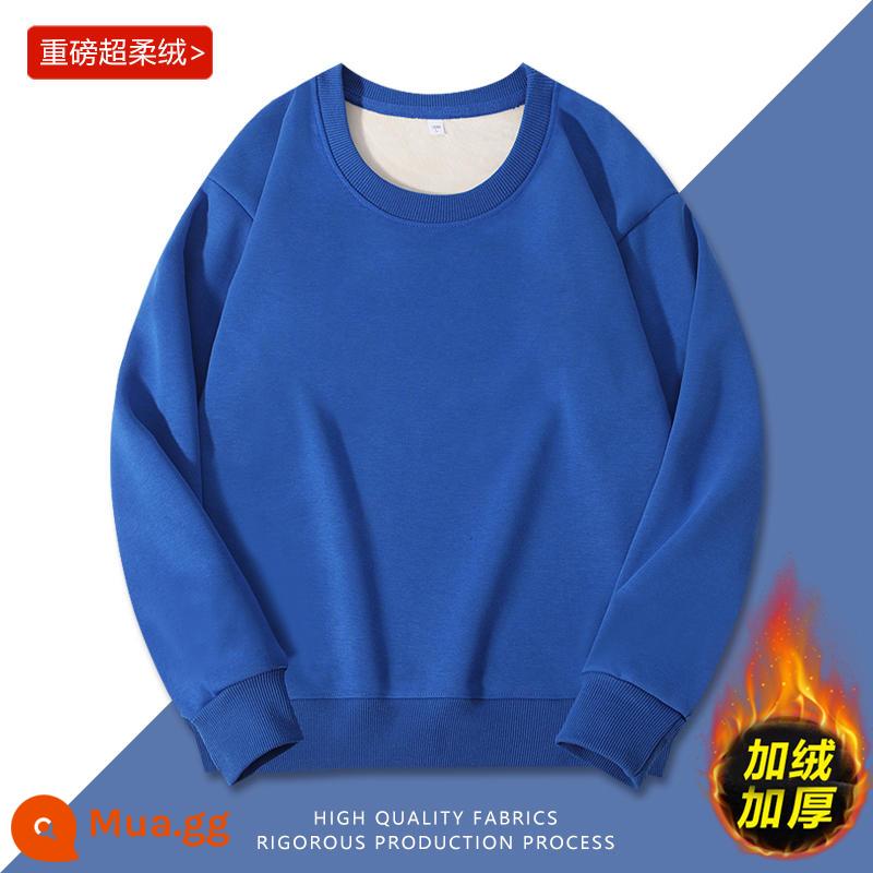 Áo thun cotton nguyên chất in logo theo yêu cầu, quần áo đi làm mùa thu đông nhung, đồng phục lớp dài tay cổ tròn, in theo yêu cầu - Mẫu dày màu xanh sapphire cộng với nhung