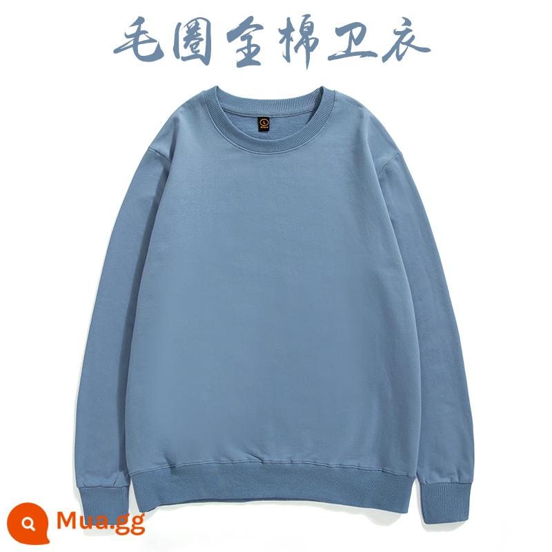 Áo thun cotton nguyên chất in logo theo yêu cầu, quần áo đi làm mùa thu đông nhung, đồng phục lớp dài tay cổ tròn, in theo yêu cầu - Màu xanh xám