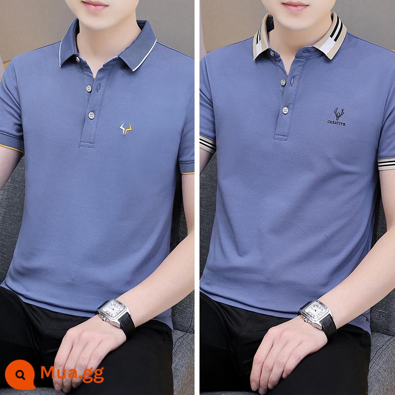 Lụa băng Ralph Lauren polo có cổ áo thun nam ngắn tay xu hướng mùa hè ve áo cổ sơ mi Áo sơ mi POLO nửa tay quần áo hàng đầu - 12 bộ-QY681 xanh đậm + QY680 xanh đậm