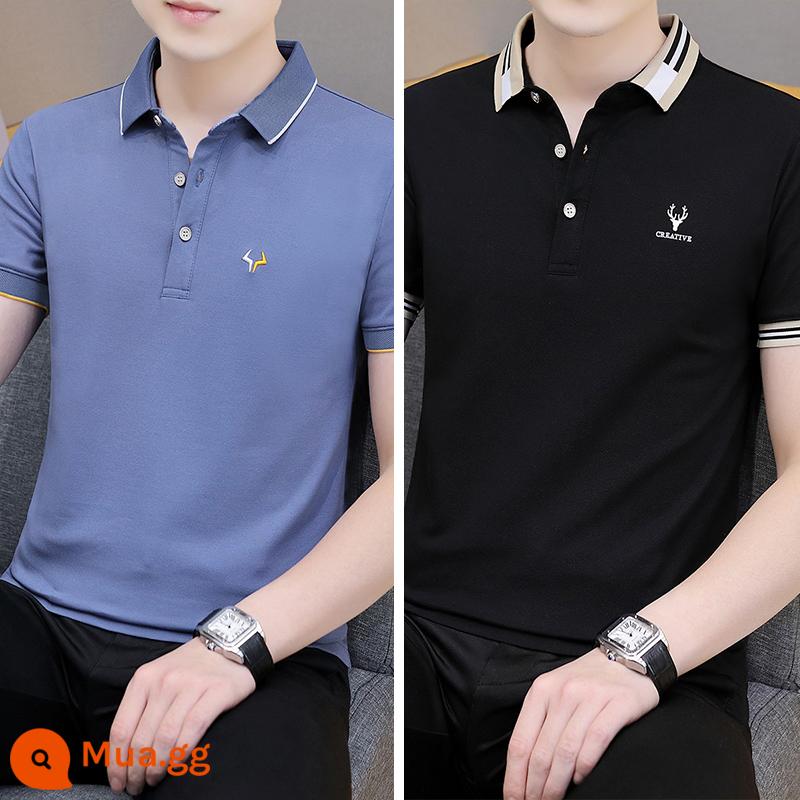 Lụa băng Ralph Lauren polo có cổ áo thun nam ngắn tay xu hướng mùa hè ve áo cổ sơ mi Áo sơ mi POLO nửa tay quần áo hàng đầu - 15 bộ-QY681 xanh đậm + QY680 đen