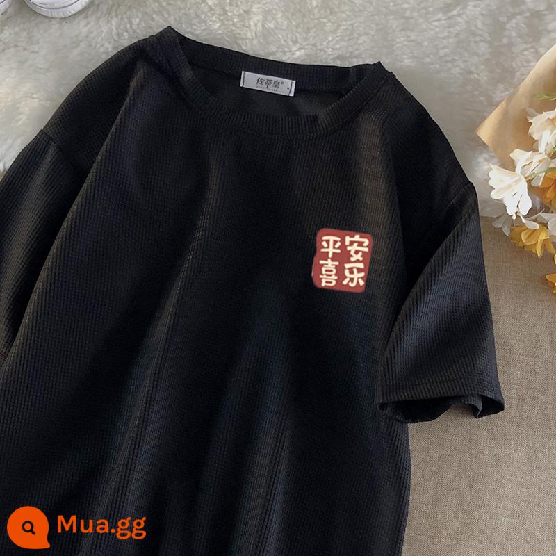 Áo thun waffle nam ngắn tay thương hiệu ins Tide nửa tay năm phần tư xu hướng hàng đầu Hàn Quốc bfT-shirt Tide - bánh quế hòa bình niềm vui màu đen