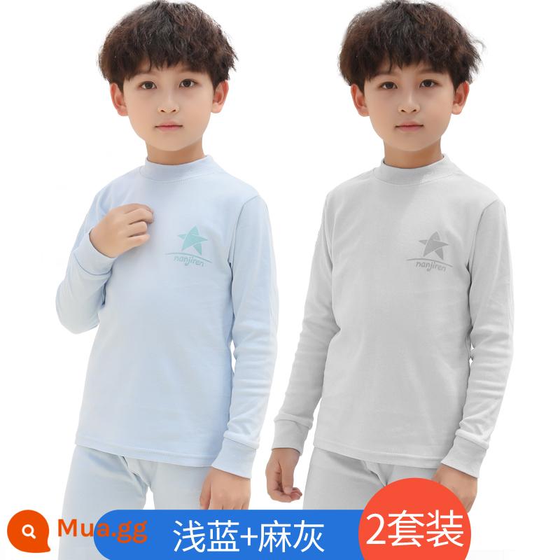 Giữ Nhiệt Trẻ Em Bộ Bé Trai Cotton Quần Áo Mùa Thu Vệ Sinh Quần Bộ Đồ Ngủ Cotton Cho Bé Thu Đông Cho Bé Nửa Cổ Cao - Màu trơn xanh nhạt + xám gai dầu