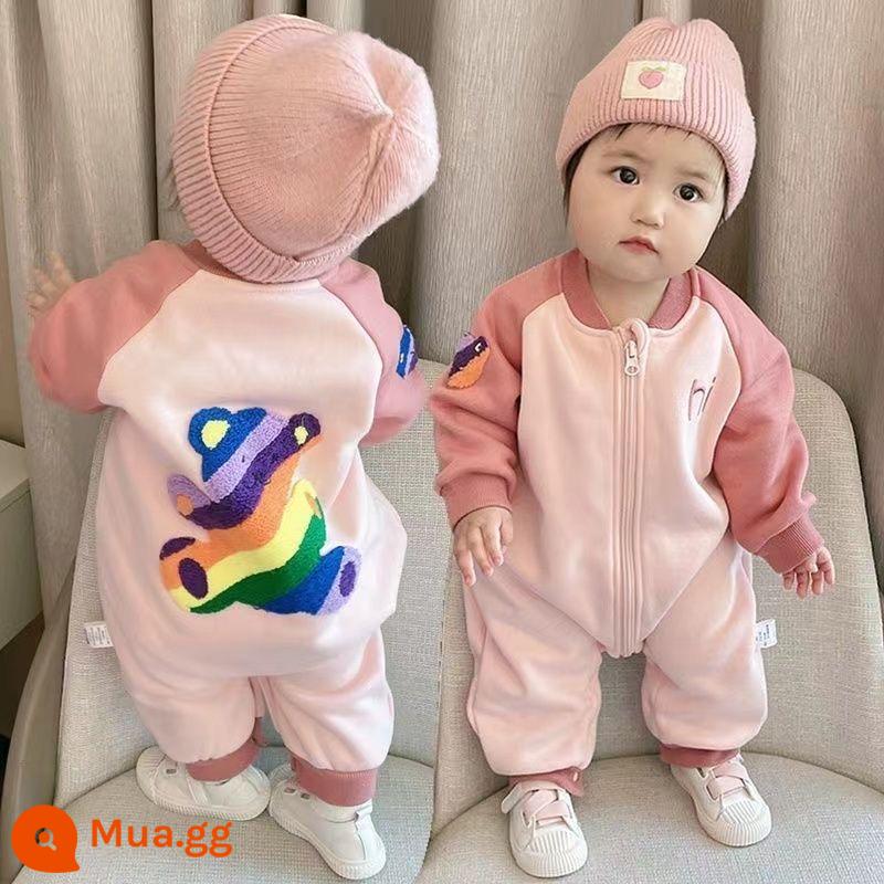 Trẻ Sơ Sinh Một Bộ Quần Áo 0-6 Tháng Xuân Thu Mỏng Siêu Dễ Thương Plus Nhung Quần Áo Bé rompers - Jumpsuit nhung gấu cầu vồng màu hồng