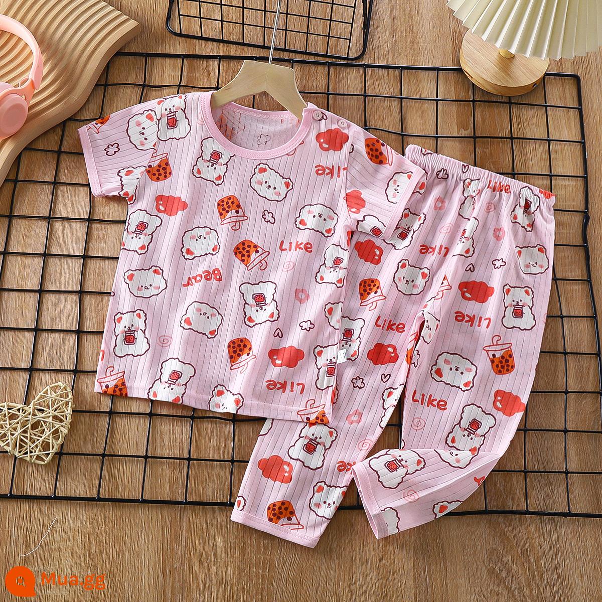 Bộ đồ ngủ trẻ em cotton nguyên chất bé trai và bé gái dài tay quần áo mặc ở nhà phù hợp với mùa hè quần áo máy lạnh mỏng cho bé mùa xuân thu - Gấu hồng nhỏ [Cotton nguyên chất loại A/mềm mại và thoải mái] [quần ngắn tay]