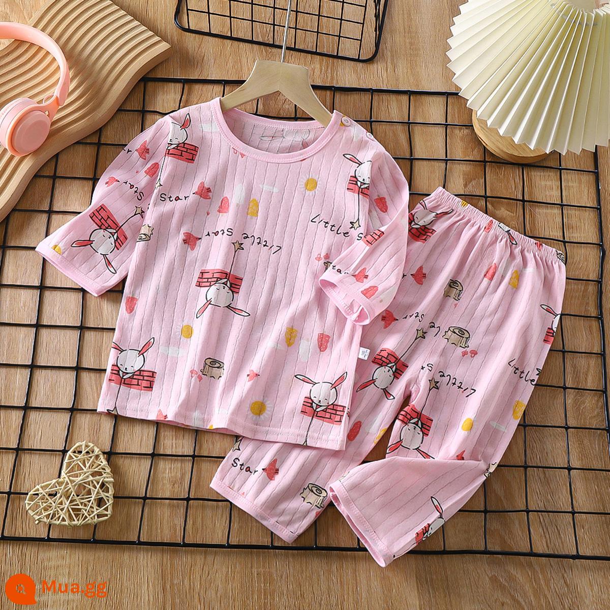 Bộ đồ ngủ trẻ em cotton nguyên chất bé trai và bé gái dài tay quần áo mặc ở nhà phù hợp với mùa hè quần áo máy lạnh mỏng cho bé mùa xuân thu - Thỏ Vươn Sao [Loại A cotton nguyên chất/mềm mại và thoải mái] [quần ống tay ba phần tư]