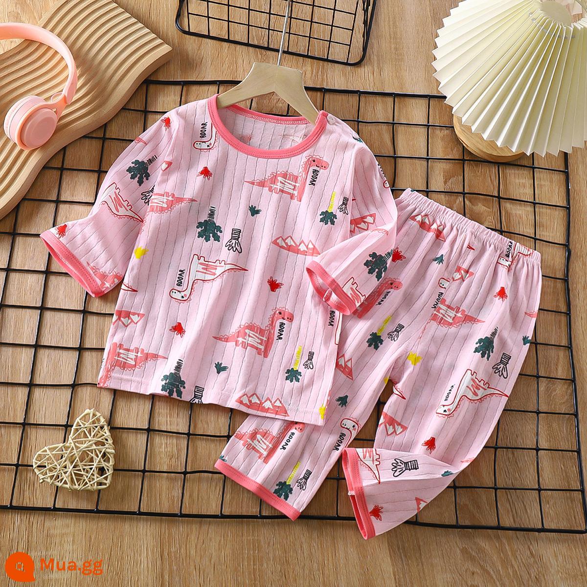 Bộ đồ ngủ trẻ em cotton nguyên chất bé trai và bé gái dài tay quần áo mặc ở nhà phù hợp với mùa hè quần áo máy lạnh mỏng cho bé mùa xuân thu - Rồng gầm hồng [Cotton nguyên chất loại A/mềm mại và thoải mái] [quần tay ba phần tư]