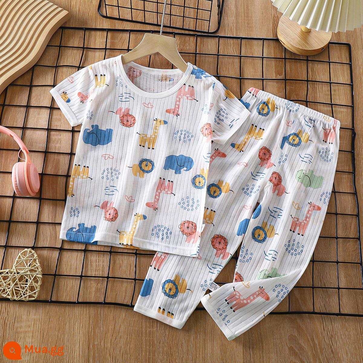 Bộ đồ ngủ trẻ em cotton nguyên chất bé trai và bé gái dài tay quần áo mặc ở nhà phù hợp với mùa hè quần áo máy lạnh mỏng cho bé mùa xuân thu - Động vật đầy màu sắc [Loại A cotton nguyên chất/mềm mại và thoải mái] [quần ngắn tay]