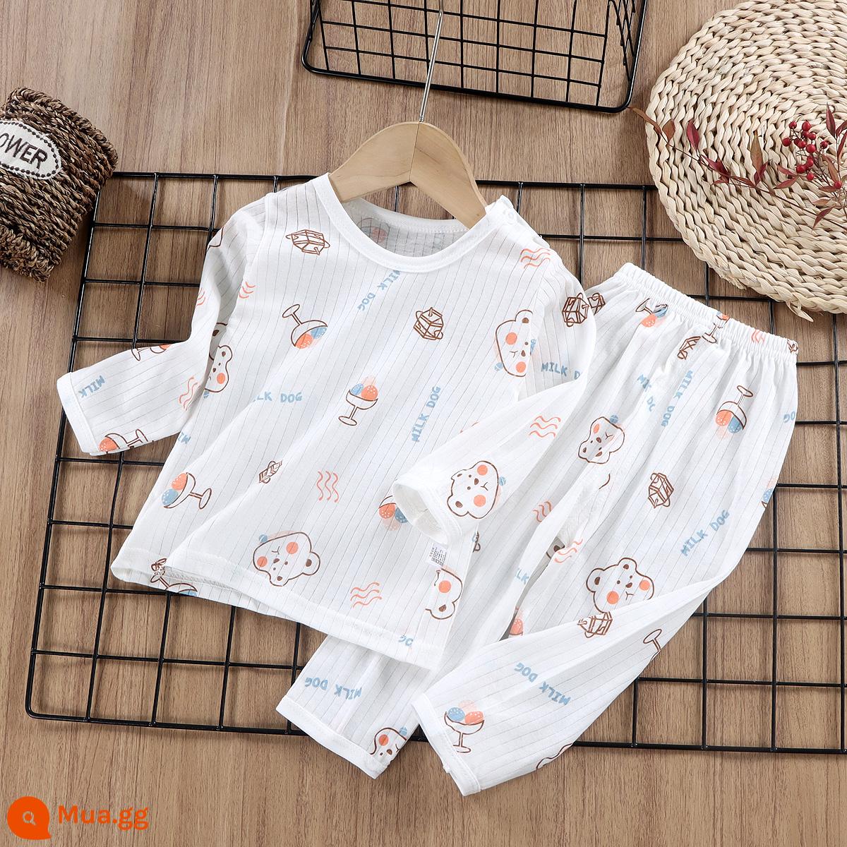 Bộ đồ ngủ trẻ em cotton nguyên chất bé trai và bé gái dài tay quần áo mặc ở nhà phù hợp với mùa hè quần áo máy lạnh mỏng cho bé mùa xuân thu - Denim DOG [Cotton nguyên chất loại A/mềm mại và thoải mái] [quần dài tay]