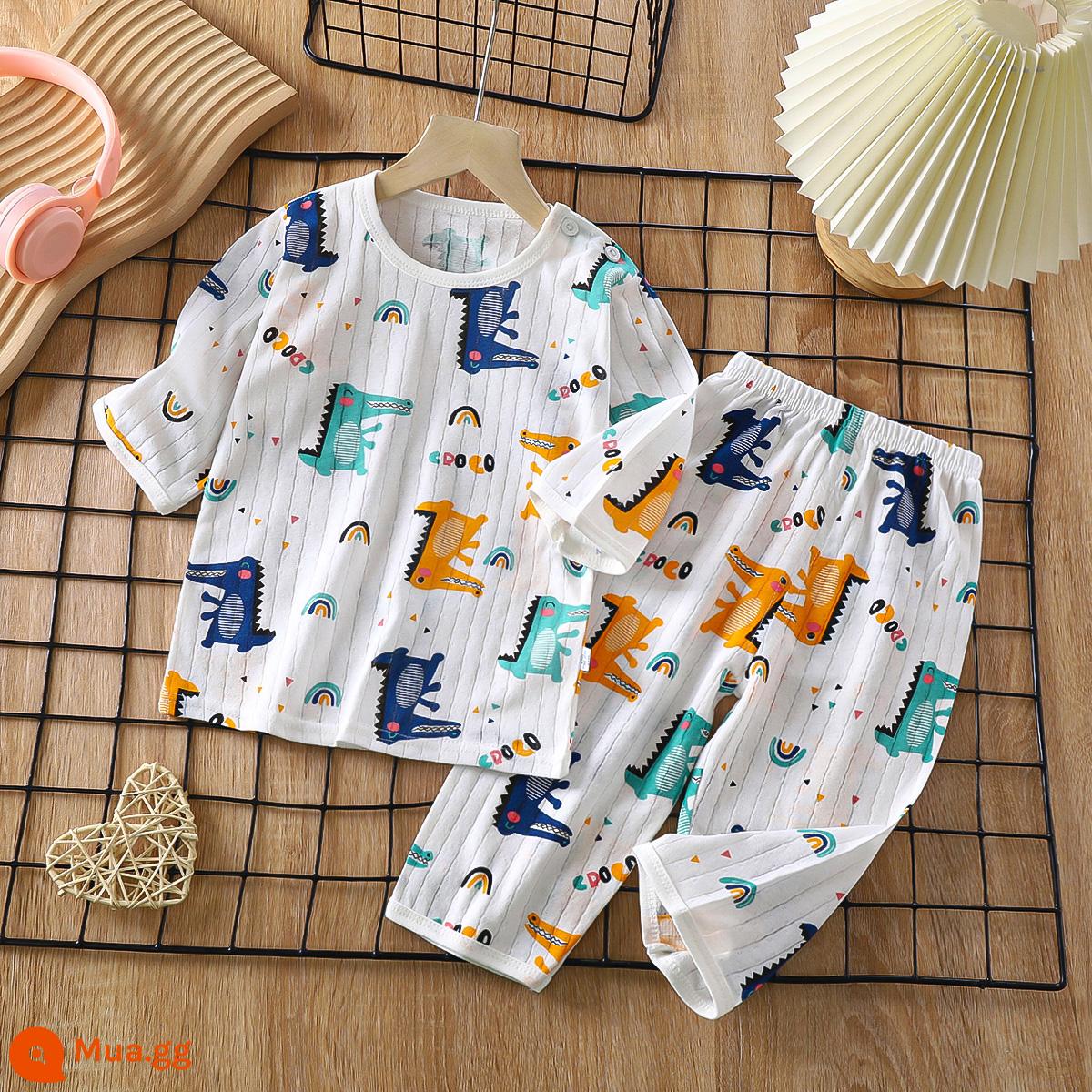 Bộ đồ ngủ trẻ em cotton nguyên chất bé trai và bé gái dài tay quần áo mặc ở nhà phù hợp với mùa hè quần áo máy lạnh mỏng cho bé mùa xuân thu - Cá sấu béo [Loại A cotton nguyên chất/mềm mại và thoải mái] [quần tay ba phần tư]