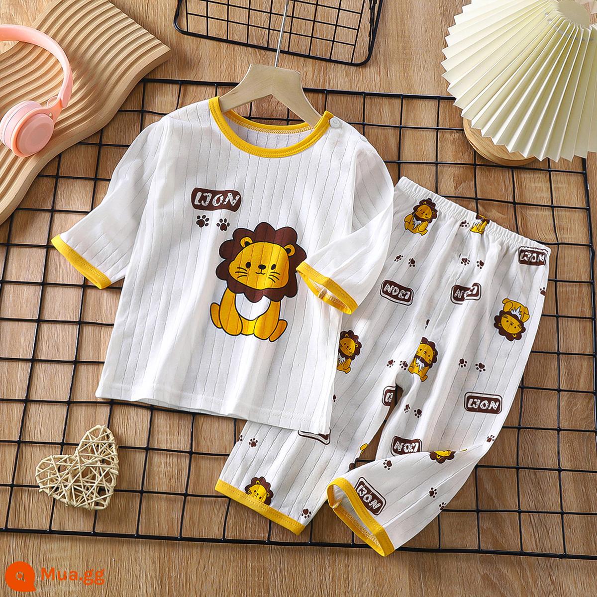 Bộ đồ ngủ trẻ em cotton nguyên chất bé trai và bé gái dài tay quần áo mặc ở nhà phù hợp với mùa hè quần áo máy lạnh mỏng cho bé mùa xuân thu - Đầu sư tử lớn [Cotton nguyên chất loại A/mềm mại và thoải mái] [quần tay ba phần tư]