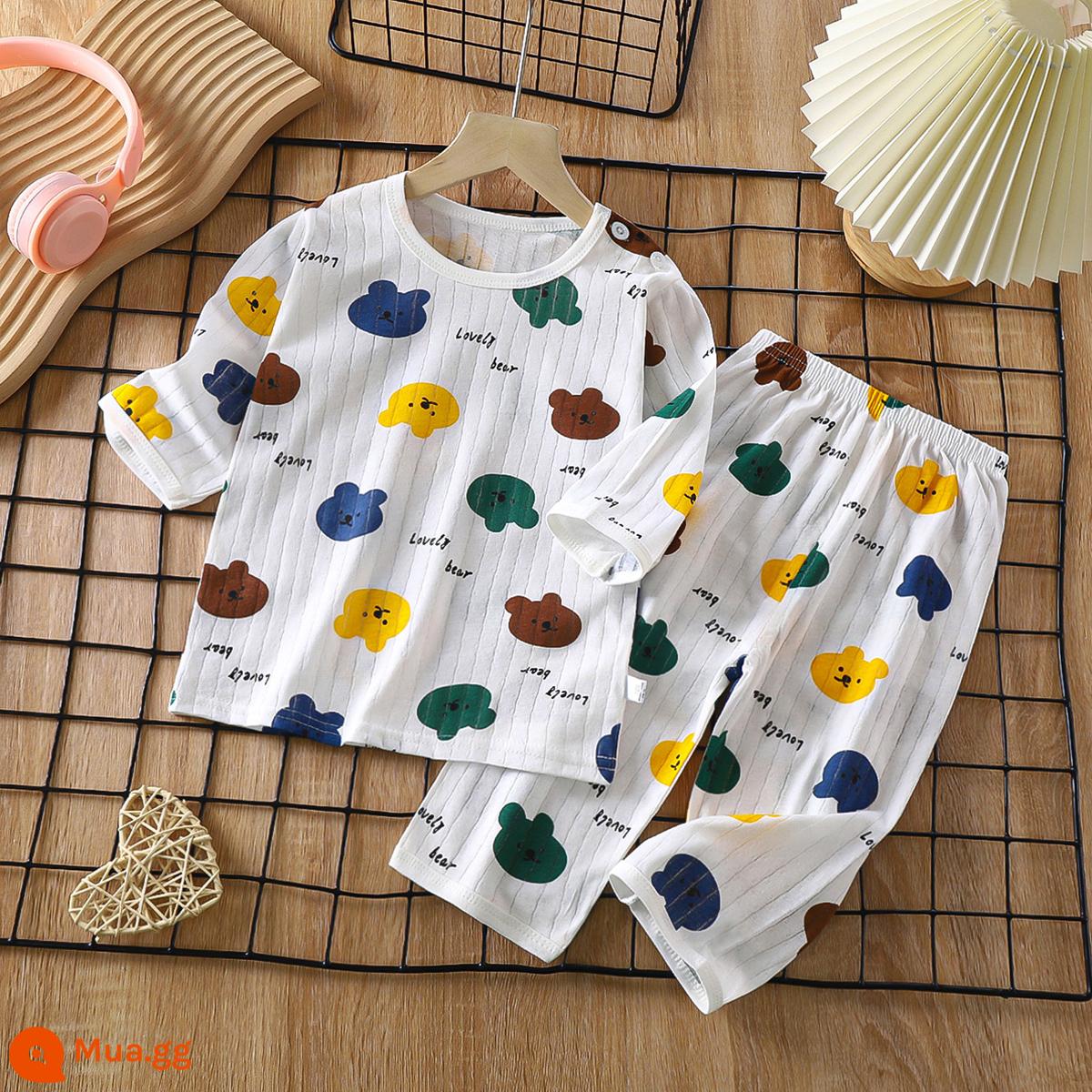 Bộ đồ ngủ trẻ em cotton nguyên chất bé trai và bé gái dài tay quần áo mặc ở nhà phù hợp với mùa hè quần áo máy lạnh mỏng cho bé mùa xuân thu - Gấu đầy màu sắc [Loại A cotton nguyên chất/mềm mại và thoải mái] [quần tay ba phần tư]