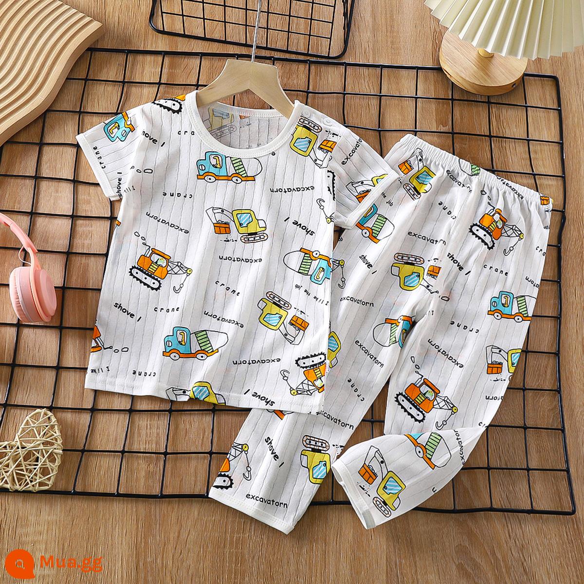 Bộ đồ ngủ trẻ em cotton nguyên chất bé trai và bé gái dài tay quần áo mặc ở nhà phù hợp với mùa hè quần áo máy lạnh mỏng cho bé mùa xuân thu - Xe cơ khí [Cotton nguyên chất loại A/mềm mại và thoải mái] [tay áo ngắn và quần dài]