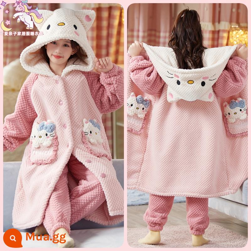 Váy ngủ bé gái mùa đông flannel ngôi sao sương cha mẹ-con áo choàng tắm dày Plus nhung cho bé nhà trẻ em bộ quần áo - Mẫu phổ biến-G32129KT áo choàng + quần mèo