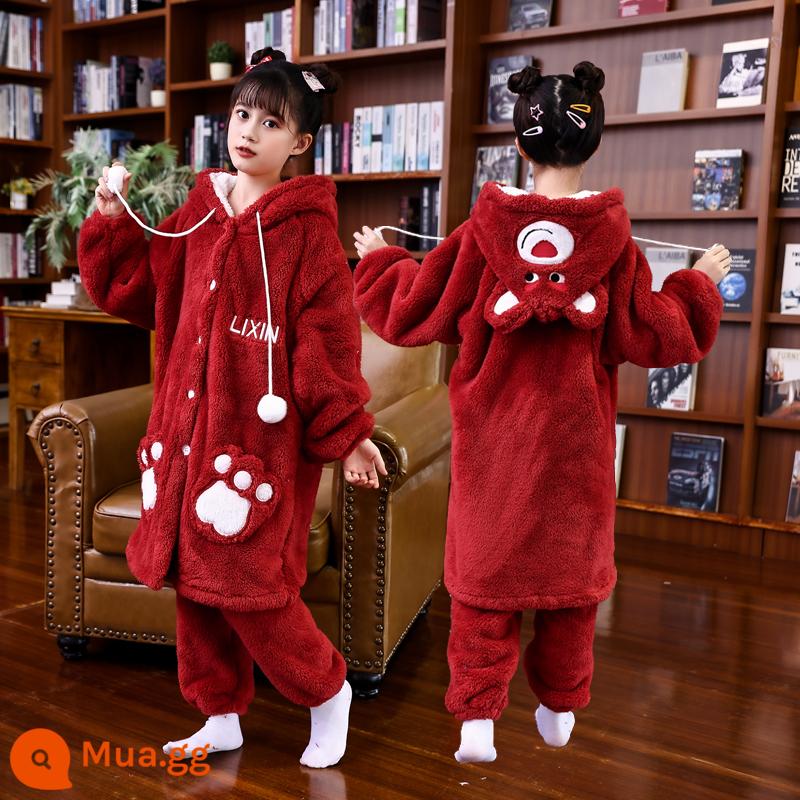 Váy ngủ bé gái mùa đông flannel ngôi sao sương cha mẹ-con áo choàng tắm dày Plus nhung cho bé nhà trẻ em bộ quần áo - 8812 Áo choàng + quần dâu tây gấu