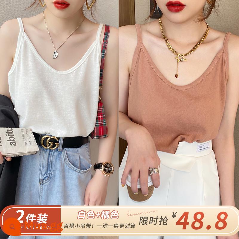 Phụ nữ đeo địu size lớn mặc áo vest có đáy bằng cotton nguyên chất vào mùa hè để che sữa mẹ áo khoác ngoài rộng màu đen vải lanh cotton trắng hàng đầu - Hai mảnh thì tốt hơn (trắng + cam)