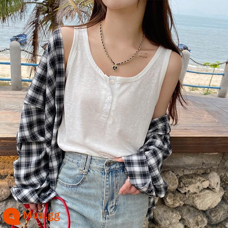 Phụ nữ đeo địu size lớn mặc áo vest có đáy bằng cotton nguyên chất vào mùa hè để che sữa mẹ áo khoác ngoài rộng màu đen vải lanh cotton trắng hàng đầu - Kiểu nút dây đeo vai màu trắng ~ rộng