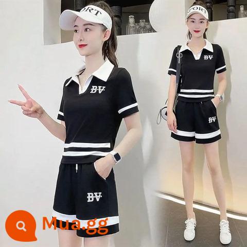 Dáng rộng thường ngày phù hợp với phụ nữ mùa hè 2022 phiên bản Hàn Quốc mới slim cotton phong cách nước ngoài 2 mảnh mỏng phù hợp với thể thao - Bộ đồ đen 168-922