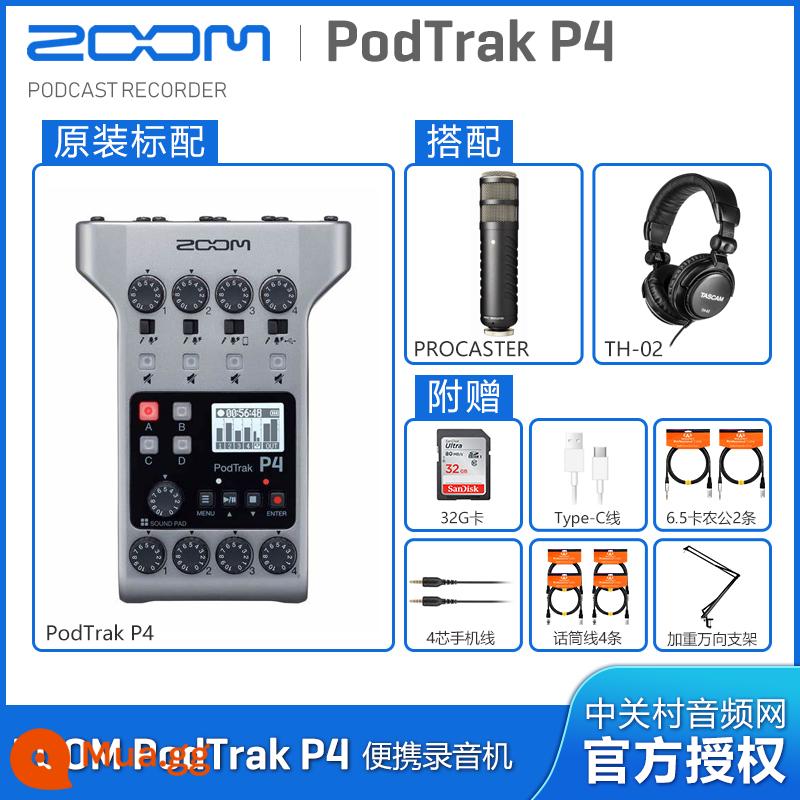 Máy trộn đa năng di động ZOOM PodTrak P4 P8 Hệ thống sản xuất podcast trực tiếp tích hợp - Tiêu chuẩn + PROCASTER + Cáp điện thoại 4 lõi + quà tặng