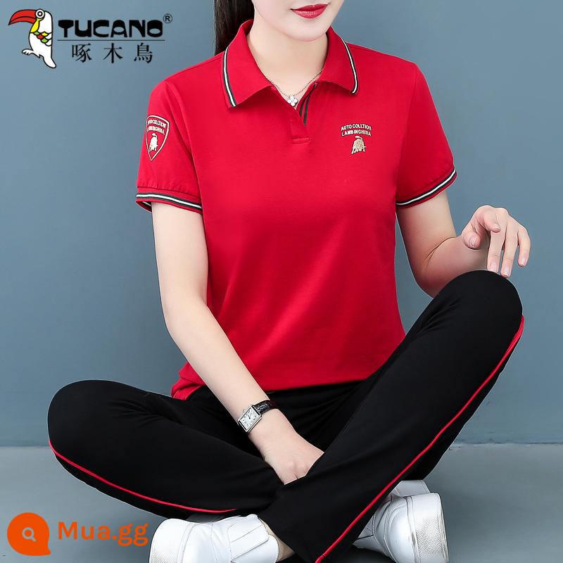 Bộ đồ thể thao cotton chim gõ kiến nữ 2022 bà mẹ trung niên ngắn tay phong cách nước ngoài che thịt và giảm tuổi hai mảnh mặc thường ngày - màu đỏ