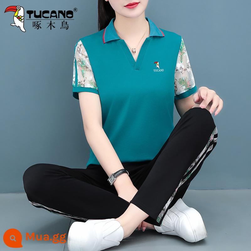 Chim Gõ Kiến Quần Crop Bộ Đồ Thể Thao Nữ Mùa Hè 2023 Thời Trang Mới Phong Cách Phương Tây Tay Ngắn Mẹ Thường Ngày 2 - Hồ xanh (quần)