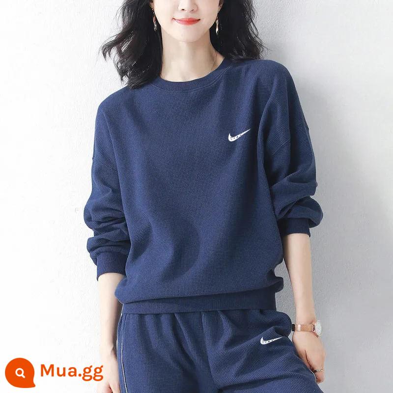 Bộ đồ thể thao Niketon dành cho nữ 2023 mới thường ngày xuân thu áo thun dày nữ cộng với bộ đồ hai mảnh nhung và dày - Bộ đồ hải quân [trắng]