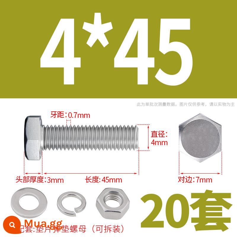 Bộ ốc vít và đai ốc lục giác bên ngoài bằng thép không gỉ 304 Bộ bu lông và ốc vít mở rộng M4M5M6M8M10M12 - M4*45(20 bộ)