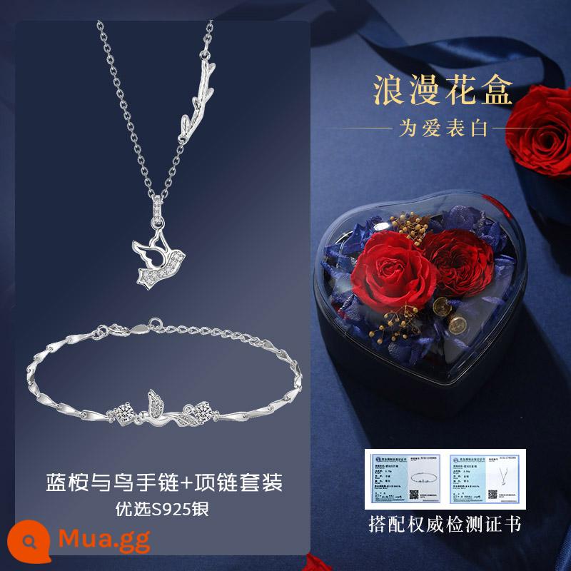 Bạch đàn xanh đã gặp Shihuai và còng tay cô gái vòng tay bạc sterling cặp đôi mới món quà sinh nhật giáng sinh cho bạn gái - Bộ vòng cổ tay "Bạch đàn và chim xanh"-Giấy chứng nhận-Hộp hoa lãng mạn