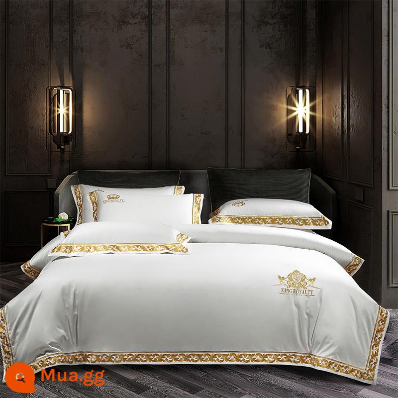 Ý 140 Cotton dài Cotton Red High -end Wedding Bốn bông Bốn Bốn Bốn Biệt thự Biệt thự Cotton Cotton Bed - Bộ bốn món Wells (màu trắng)