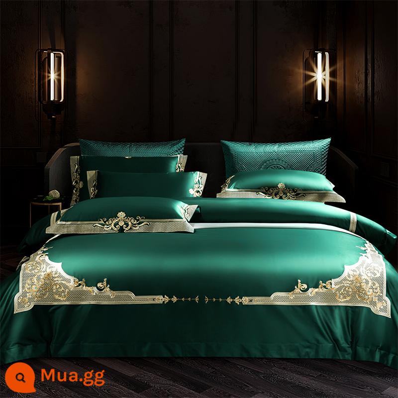 Ý 140 Cotton dài Cotton Red High -end Wedding Bốn bông Bốn Bốn Bốn Biệt thự Biệt thự Cotton Cotton Bed - Bộ bốn món Miralchi (xanh đậm)