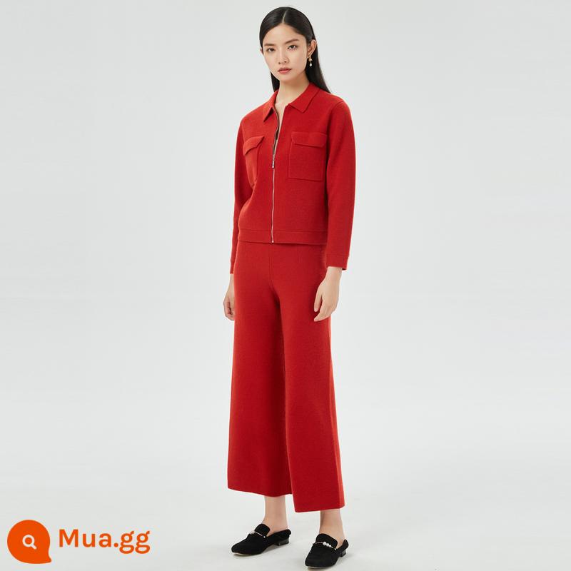 [Len Kashmir tinh khiết] Hennyuanxiang Cashmere Kned Quần Phụ nữ mặc quần dài quần thông thường - Royal Red (Bộ) Giảm Giá Nhiều Hơn