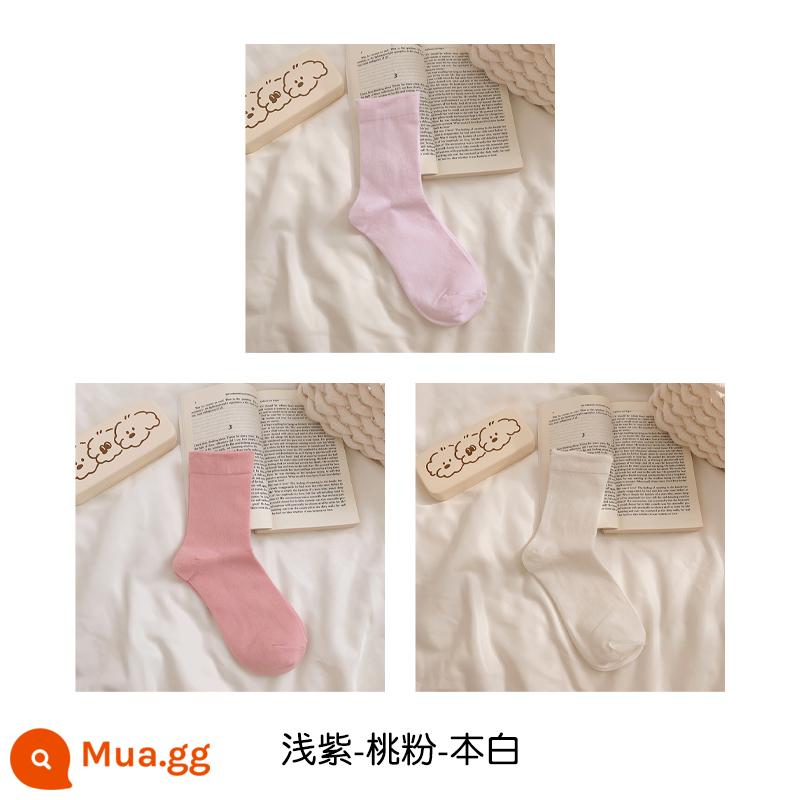 Tất không xương màu hồng dành cho nữ đến giữa bắp chân vớ cotton nguyên chất hợp thời trang xuân thu phong cách Nhật Bản jk vớ màu trơn giam giữ sau sinh mùa hè - Tím nhạt-hồng đào-trắng