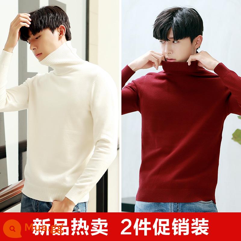 Áo len cao cổ lông cừu nam mùa đông mới lớp bên trong dày bán đan đáy áo len quần áo len không có cashmere - Trắng 8783+đỏ tía 8783[2 áo cổ lọ dày]