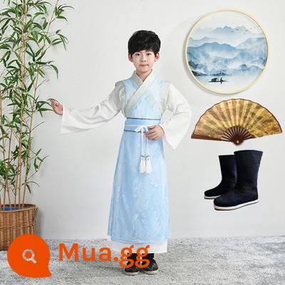 61 trẻ em Hanfu quần áo biểu diễn văn hóa Trung Quốc cuốn sách trang phục cổ đại nam sinh và học sinh tiểu học phong cách dân tộc quần áo khiêu vũ cổ điển nữ Xia Xian - Bộ đồ Hanfu + Quạt + Bốt cho bé trai